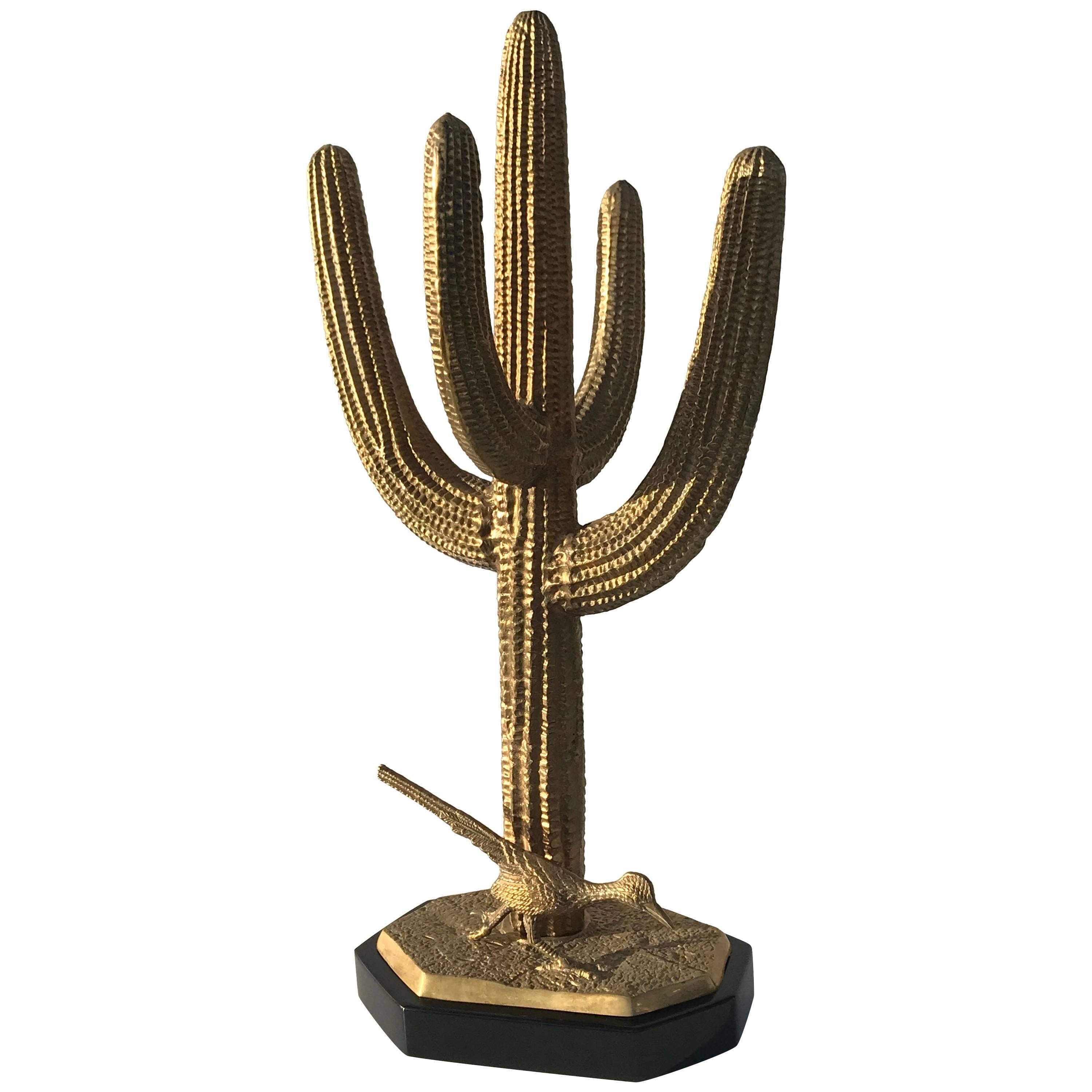 Brass Saguaro Cactus Sculpture with Roadrunner