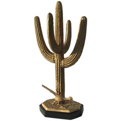 Vintage Brass Saguaro Cactus Sculpture with Roadrunner