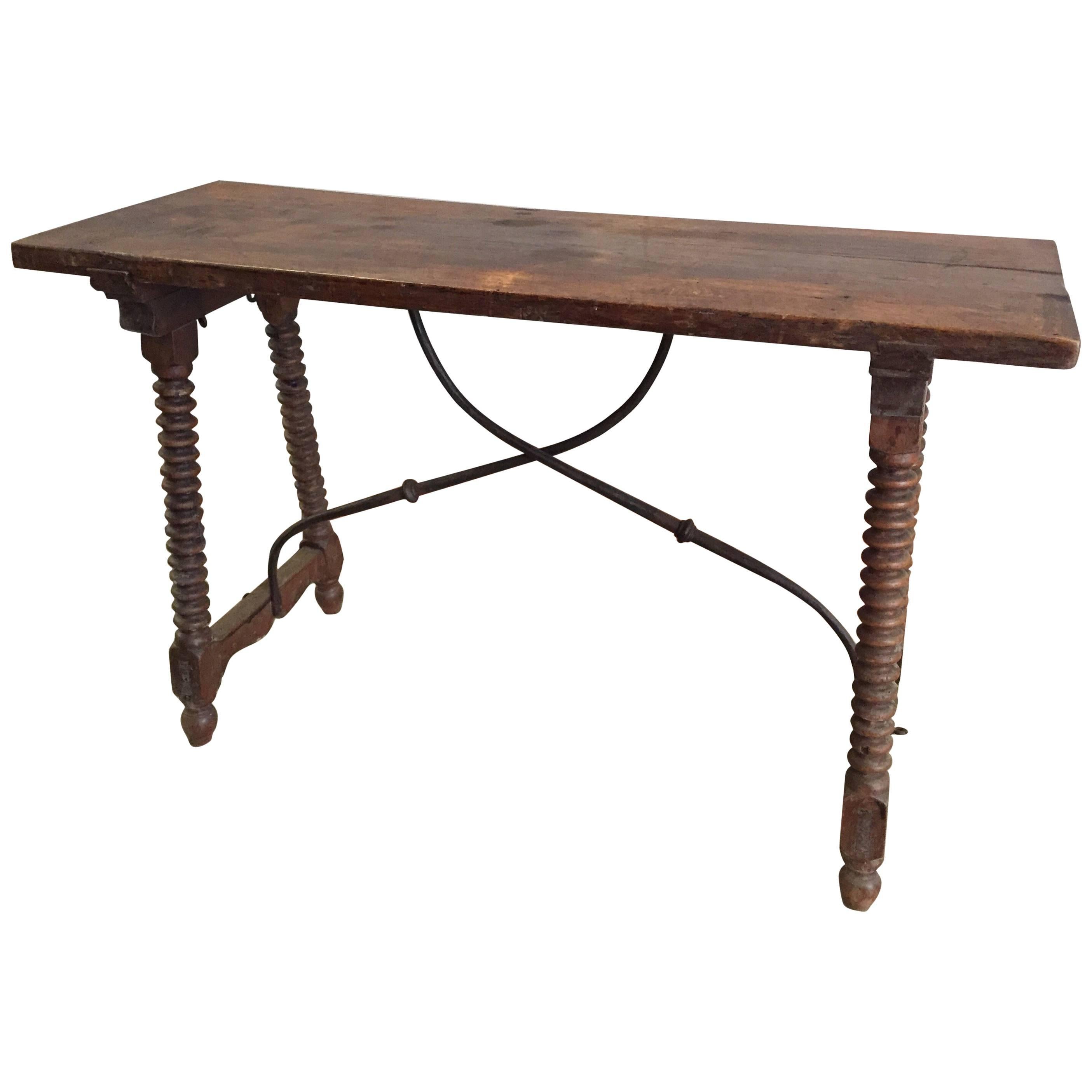 Spanish Table with Bobbin Legs and Iron Stretcher, 1900s