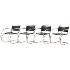 Set of Four Black Leather MR 20 Lounge Chairs with Arms by Mies van der Rohe