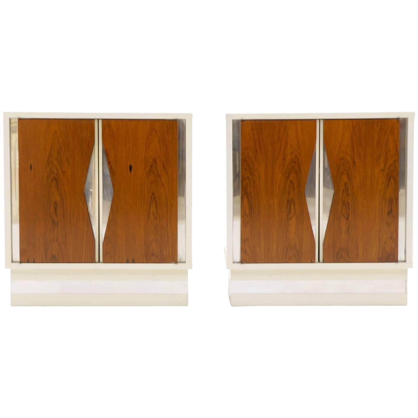 Pair of nightstands / bedside tables designed by Milo Baughman. White lacquered cases with Brazilian rosewood doors with chrome accents. Expertly restored and lacquered.