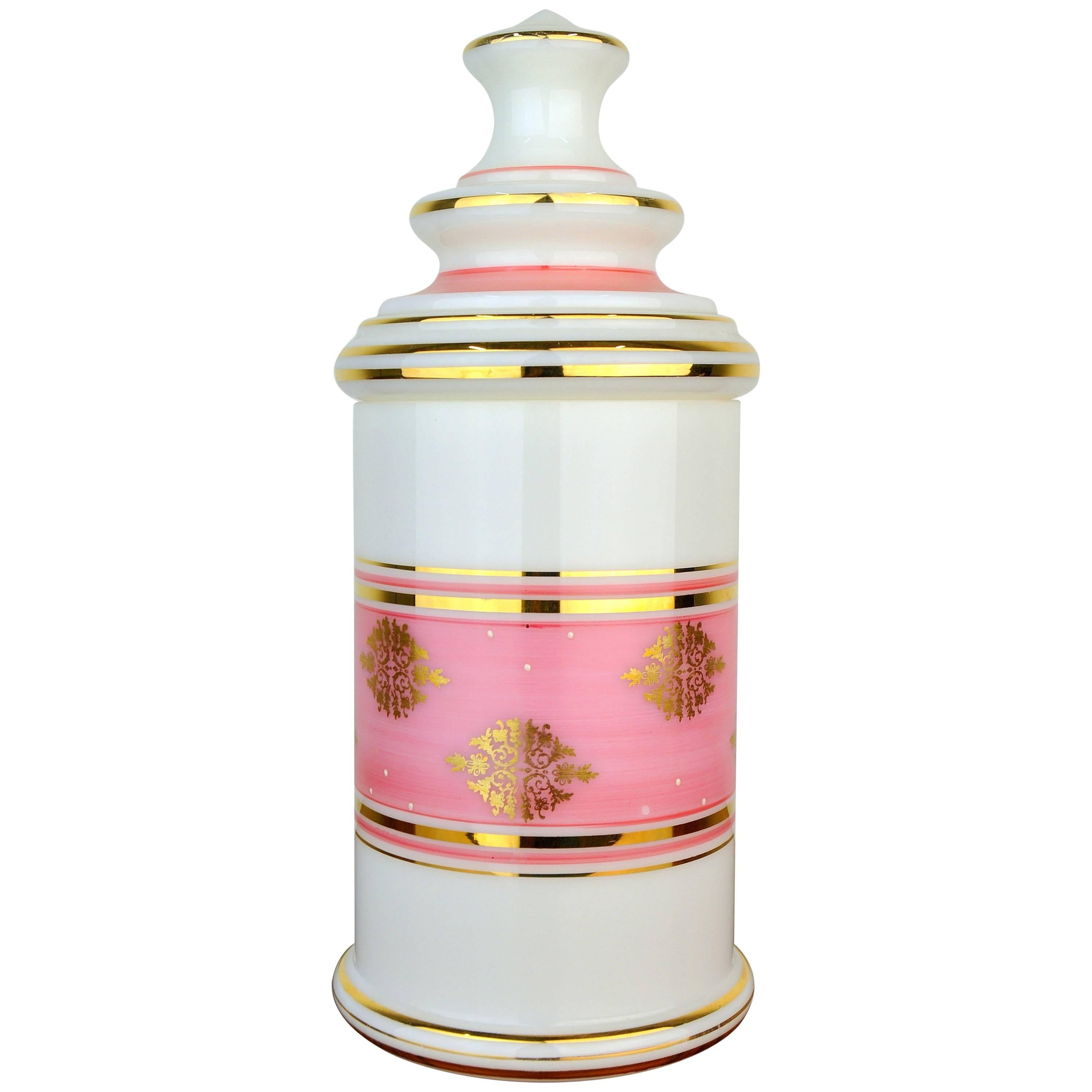 Tall Baccarat Pink, White and Gilt Opaline Glass Vanity Jar