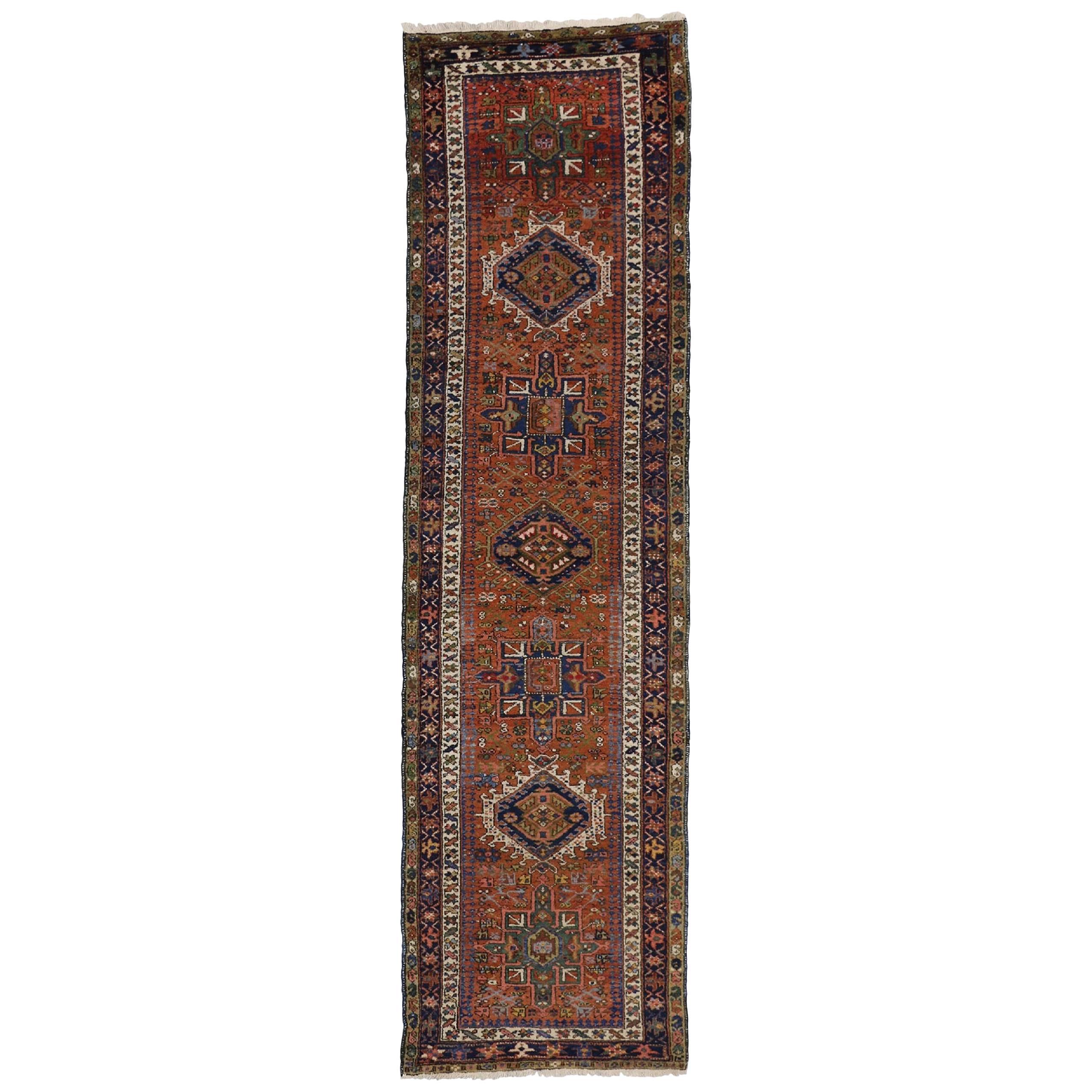 Antique Persian Karaja Heriz Runner, Tribal Style Hallway Runner