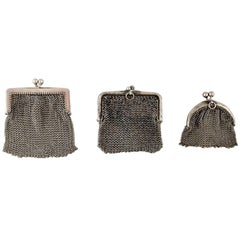 Antique Three Small Ladies Silver Purses, circa 1900, Knitted Bag