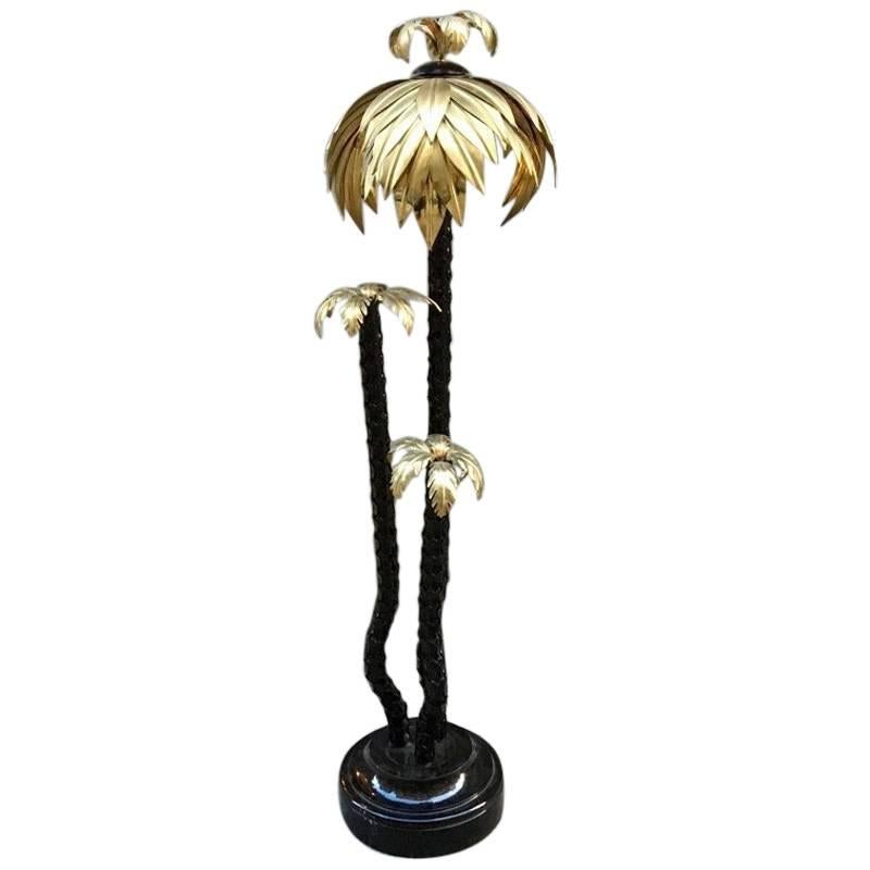 Vintage Brass and Black Lacquered Palm Italian Floor Lamp, 1970s