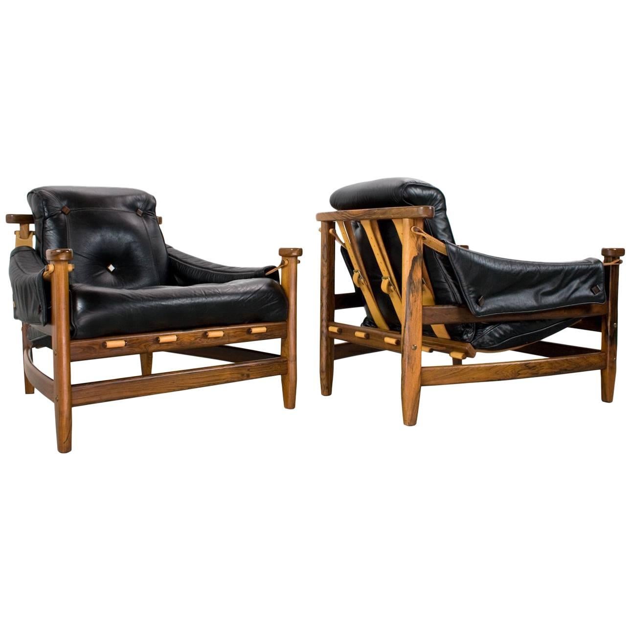 Set of Brazilian Modern Jean Gillon Chairs 1960s in Jacaranda and black leather