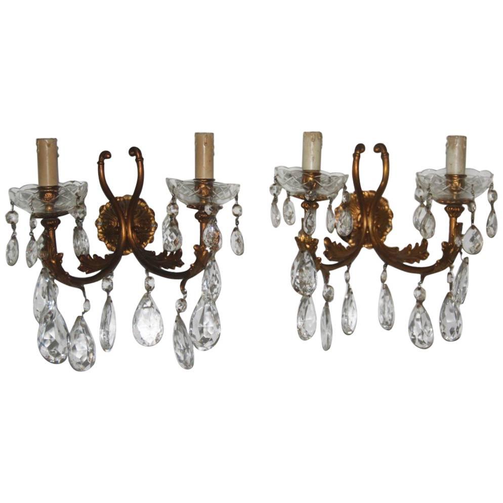 Pair of Sconces Bronze and Crystal, 1950s Mid-cenduty Italian design  For Sale
