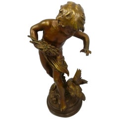 Bronze Sculptur Auguste Louis Mathurin Moreau "Enfant Jouant Avec Über Poule"