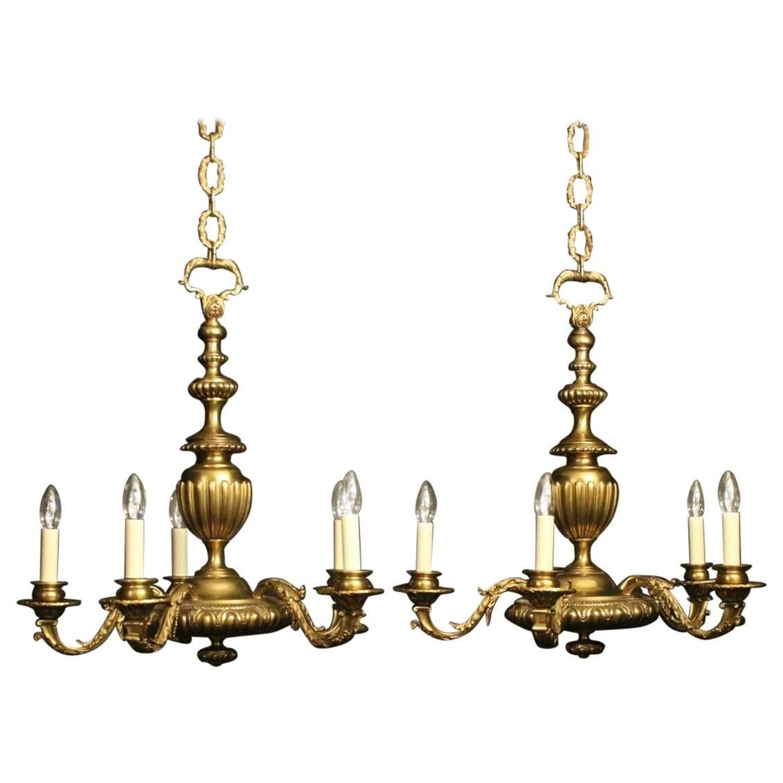 English Pair of Gilded Bronze Faraday & Son Antique Chandeliers