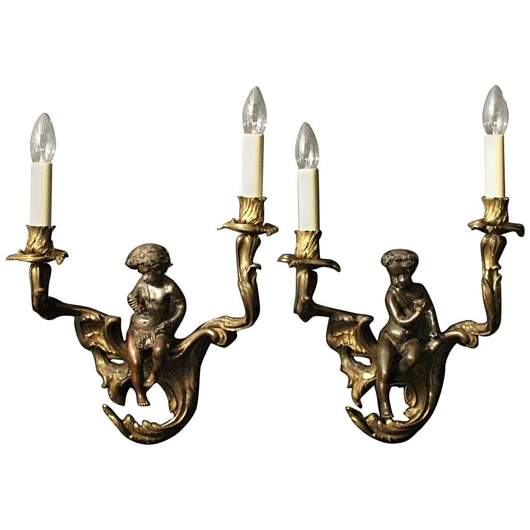French 19th Century Cherub Gilded Antique Wall Sconces