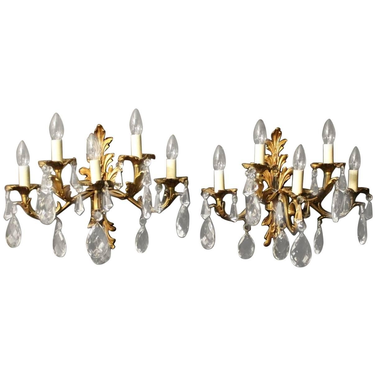 Italian Pair of Gilded Bronze and Crystal FiveArm Antique Wall Lights