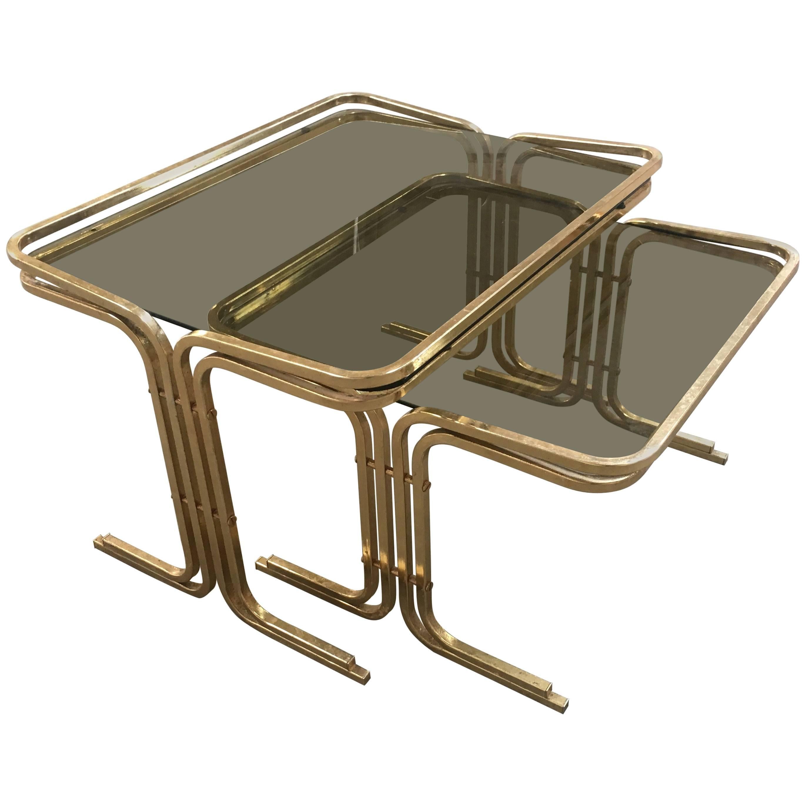 Set of Two Italian Brass Metal Nesting Table with Smoked Glass Top from 1970s