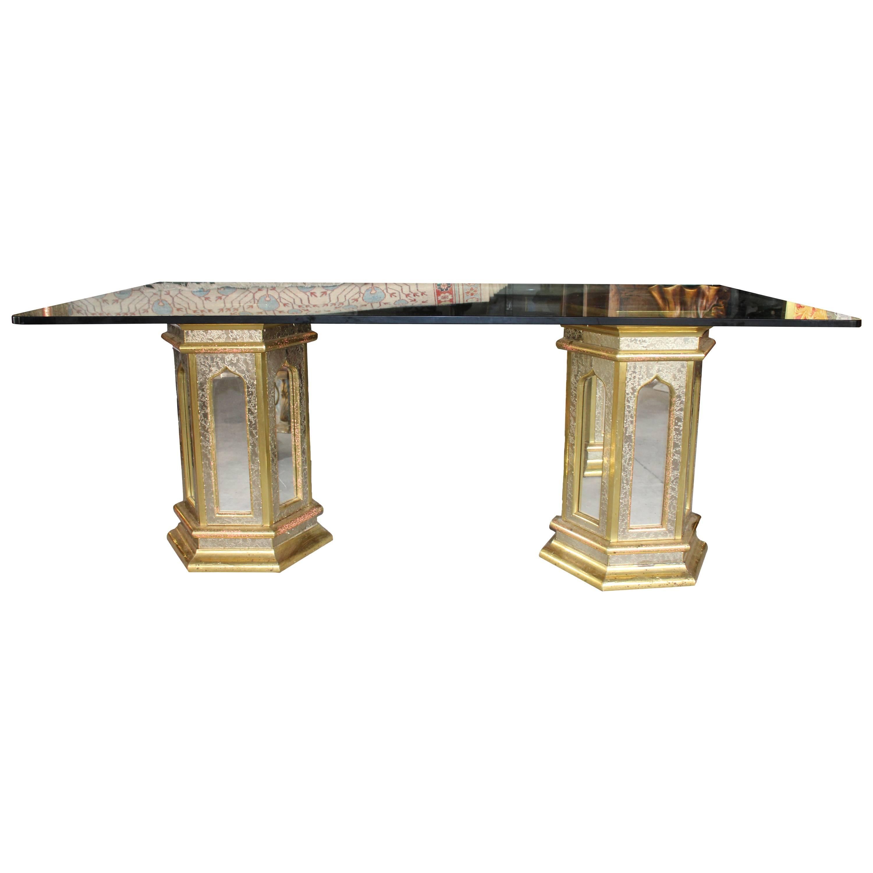 1980s Spanish Handcrafted Brass and Mirror Glass Table