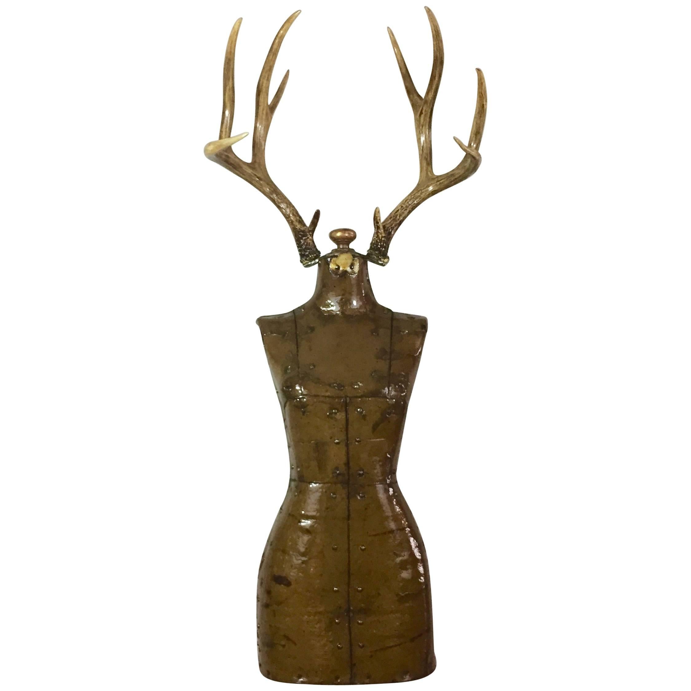 Dave Cole "Trophy Wife #9" Antique Dress Form and Antlers, 2017 For Sale