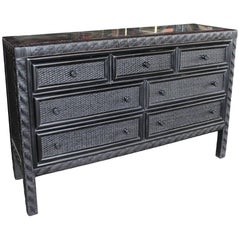 1980s Black Rattan Seven Drawers Console Table