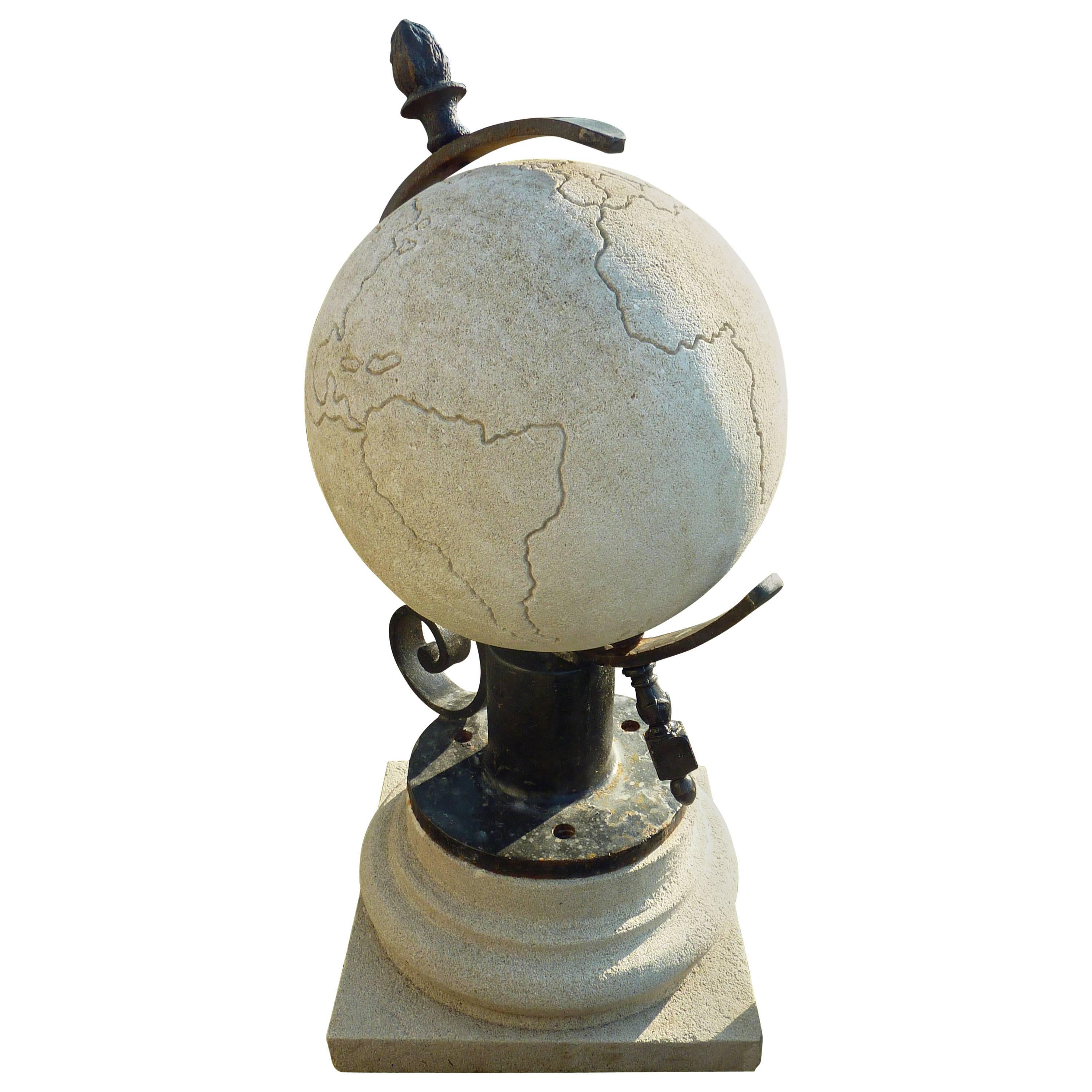 White French Limestone Terrestrial Globe with Metal Stand, Provence For Sale