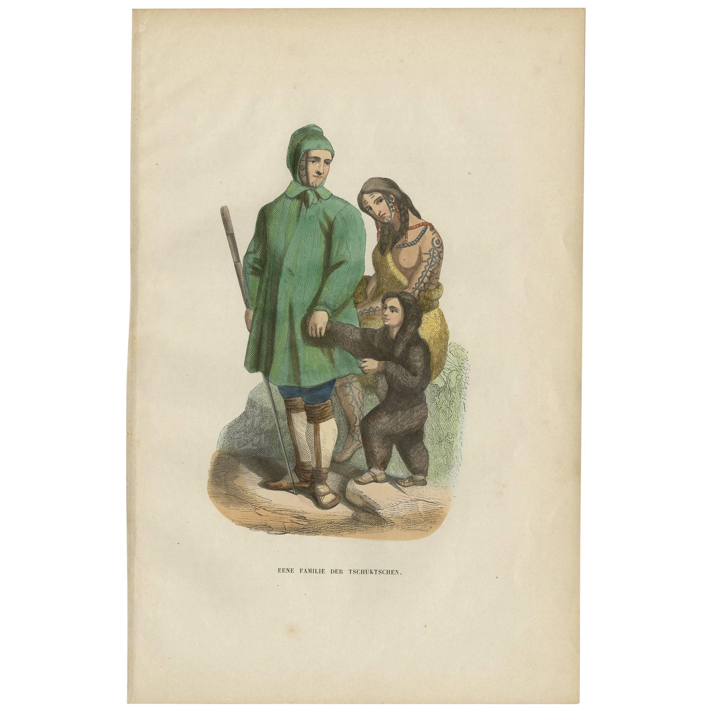 Antique Print of a Chuckchi Family by H. Berghaus, 1855 For Sale