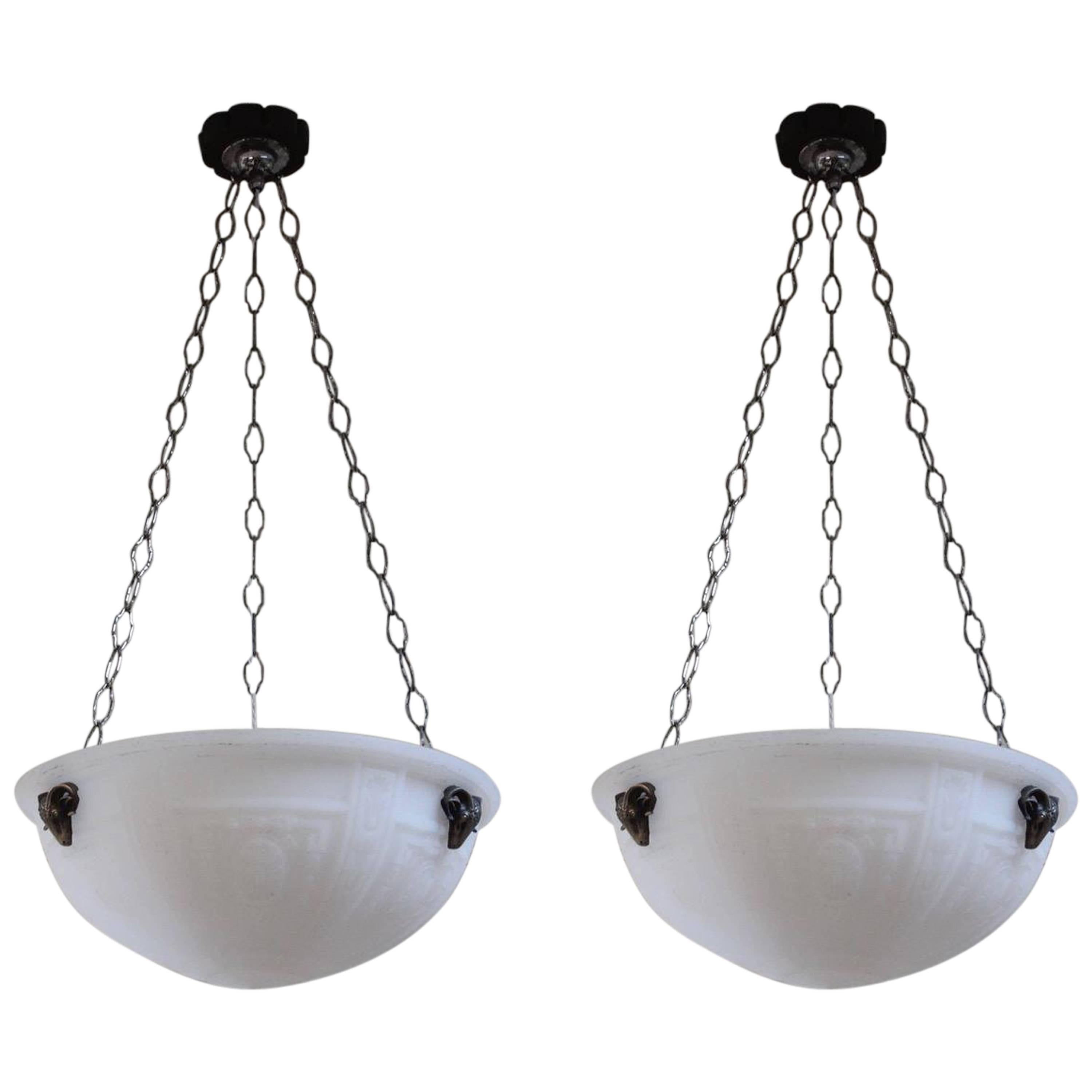 Pair of English Opalescent Hanging Lights in the Adams Taste