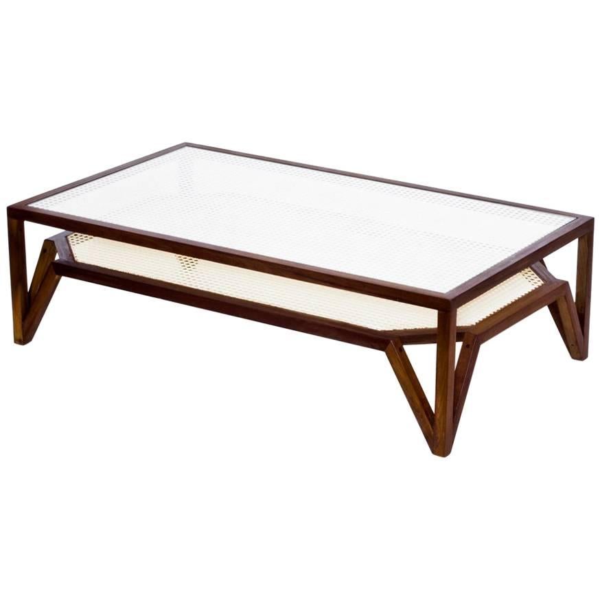 Coffee Table in Dark Hardwood and Woven Cane. Contemporary Design. For Sale