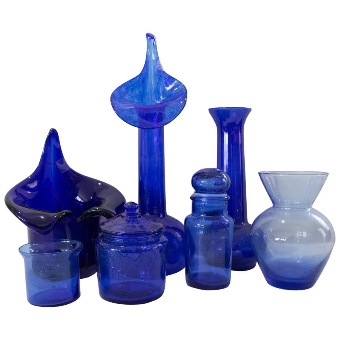 Set of Seven Glorious Blue Glass Vases Mixed Shaped Sizes and Designs Handblown