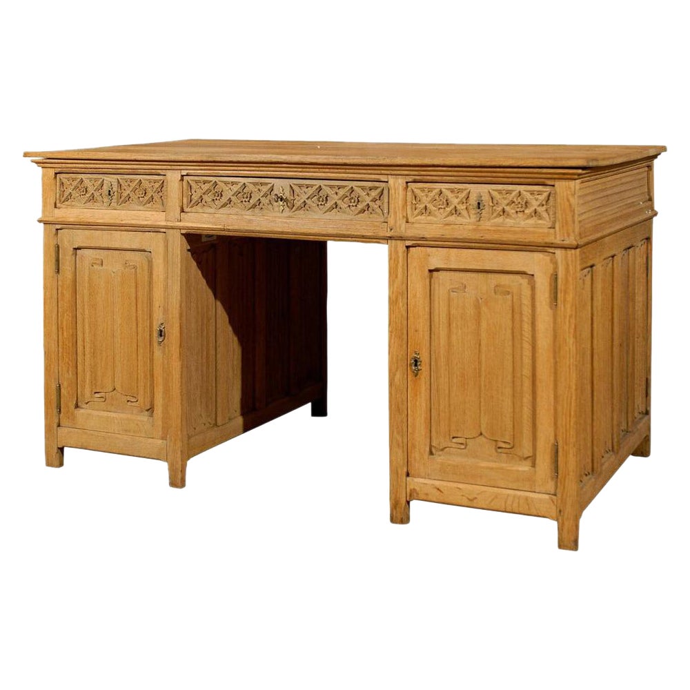 Gothic Revival English Desk of Bleached Oak with Linenfold Motifs, circa 1830 For Sale