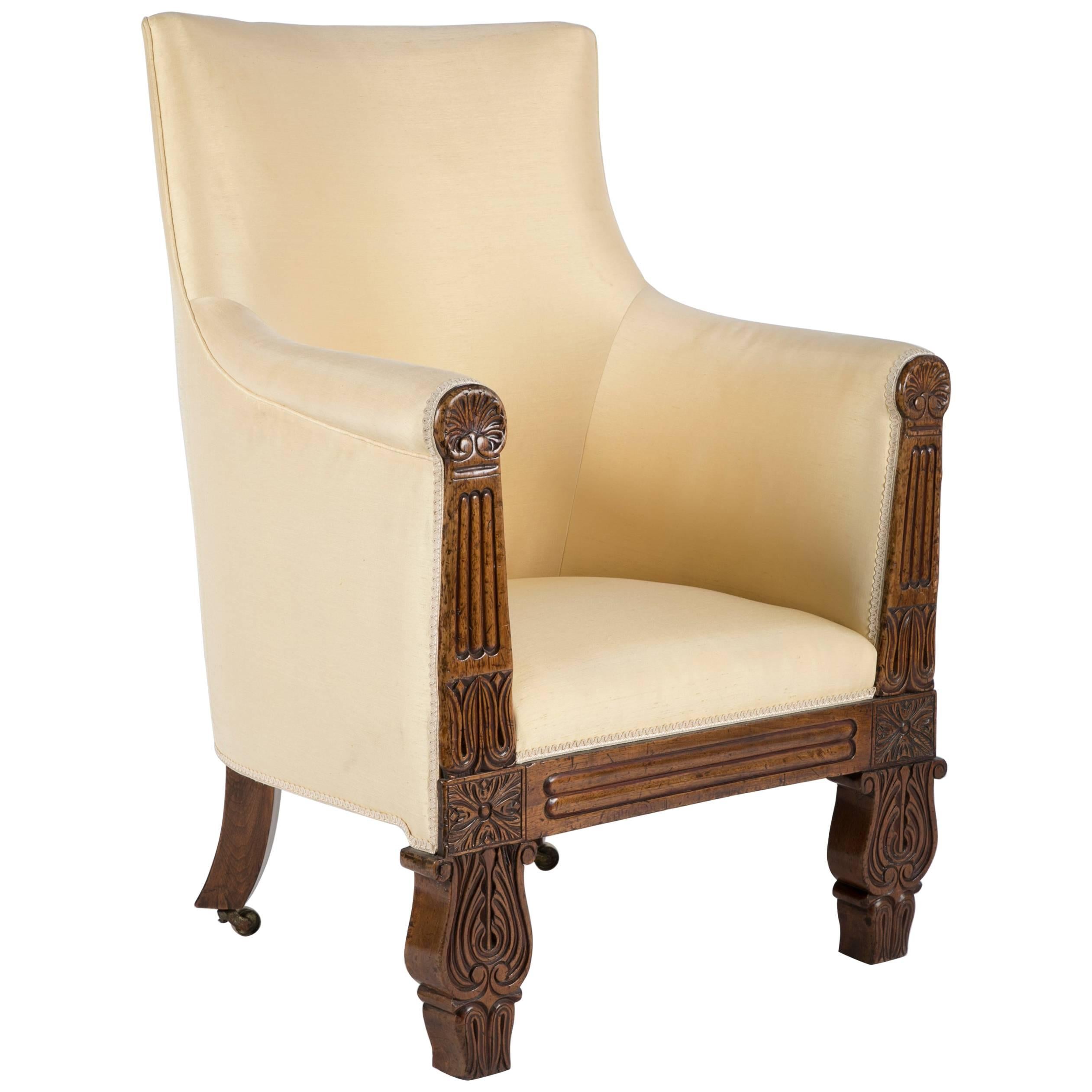 Irish Regency Carved Walnut Armchair For Sale