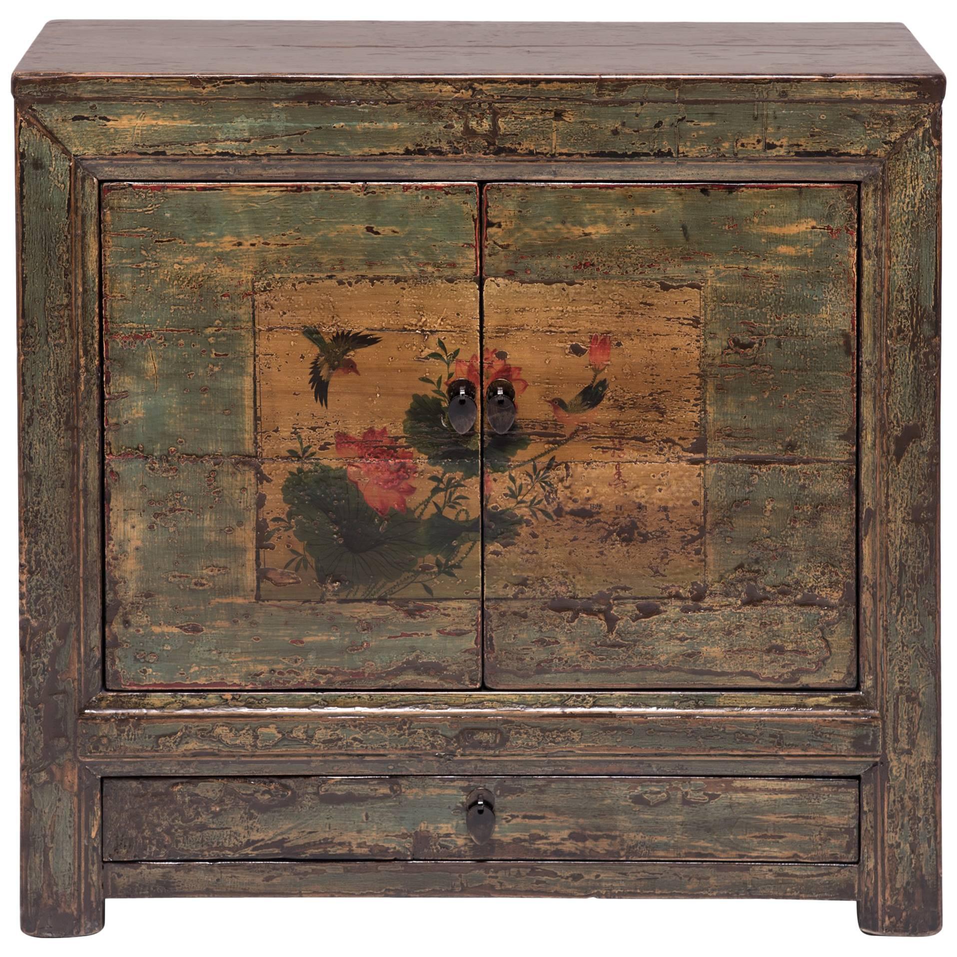 Mongolian Lotus and Sparrow Two-Door Painted Chest