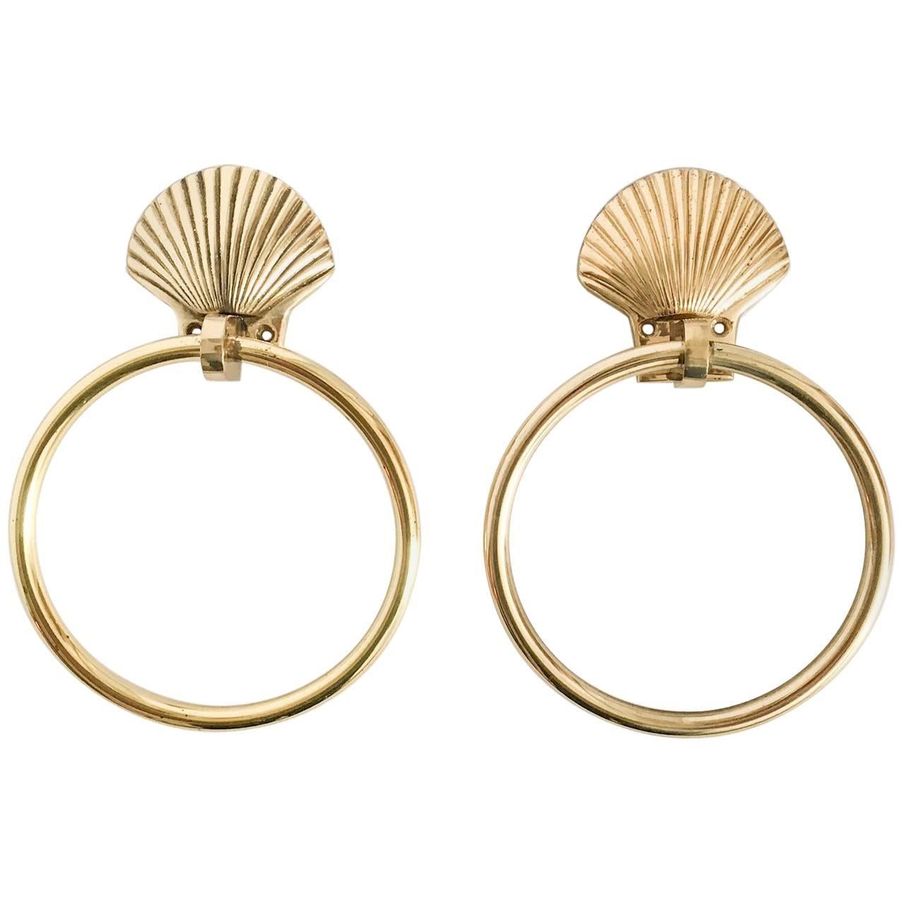 Nautical Brass Seashell Guest Towel Rings, Pair