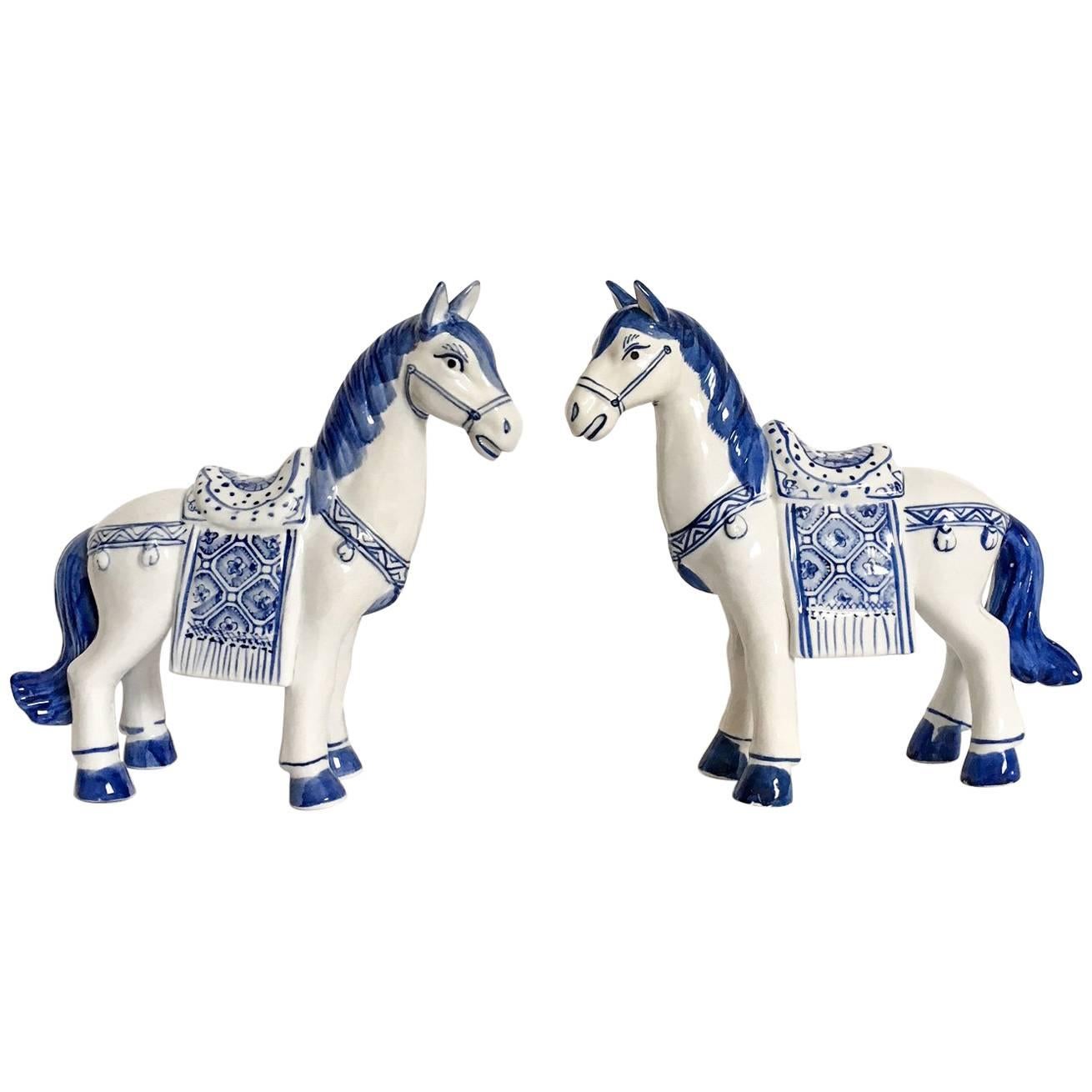 Blue and White Chinese Horse Statues, Pair