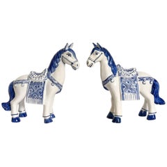 Vintage Blue and White Chinese Horse Statues, Pair