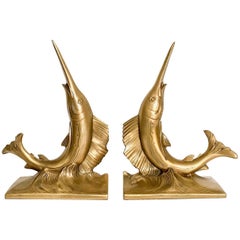 Vintage Gold Blue Marlin Nautical Bookends, a Pair