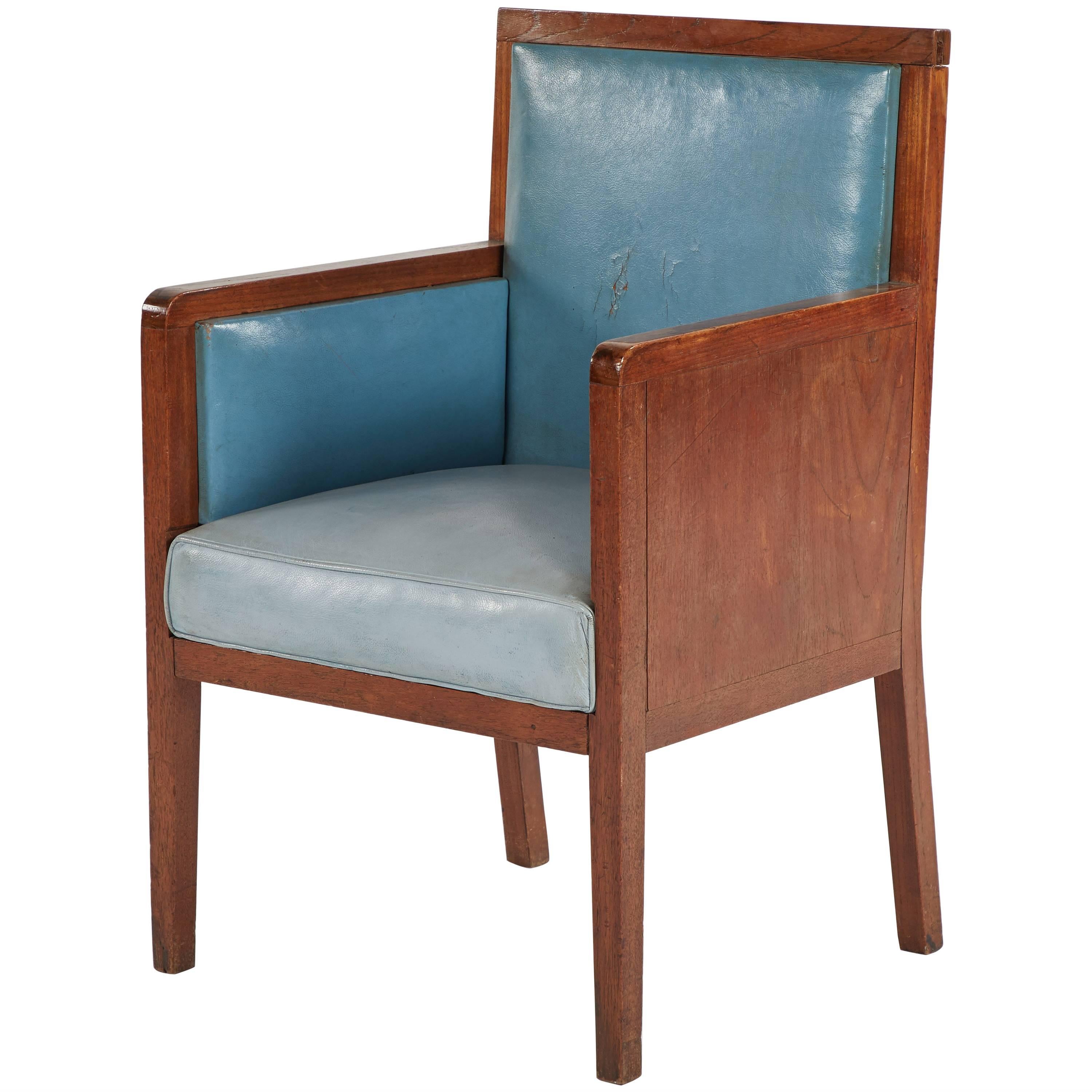 Art Deco Wooden Armchair Upholstered in Blue Leather from France