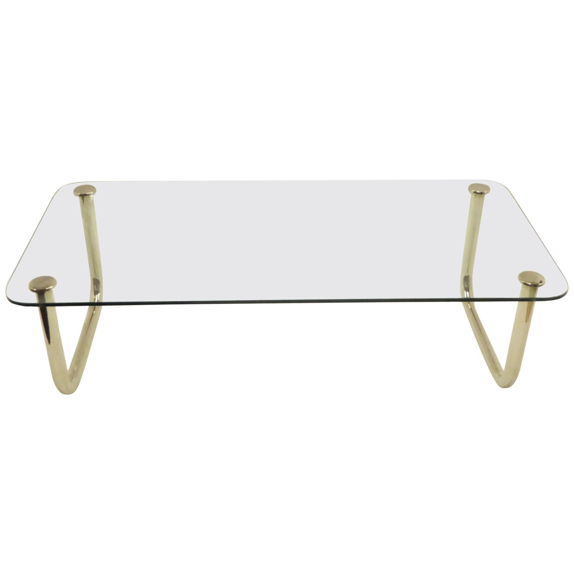 1960s Long Mascheroni Style Glass and Nickel Chrome Sled Leg Coffee Table
