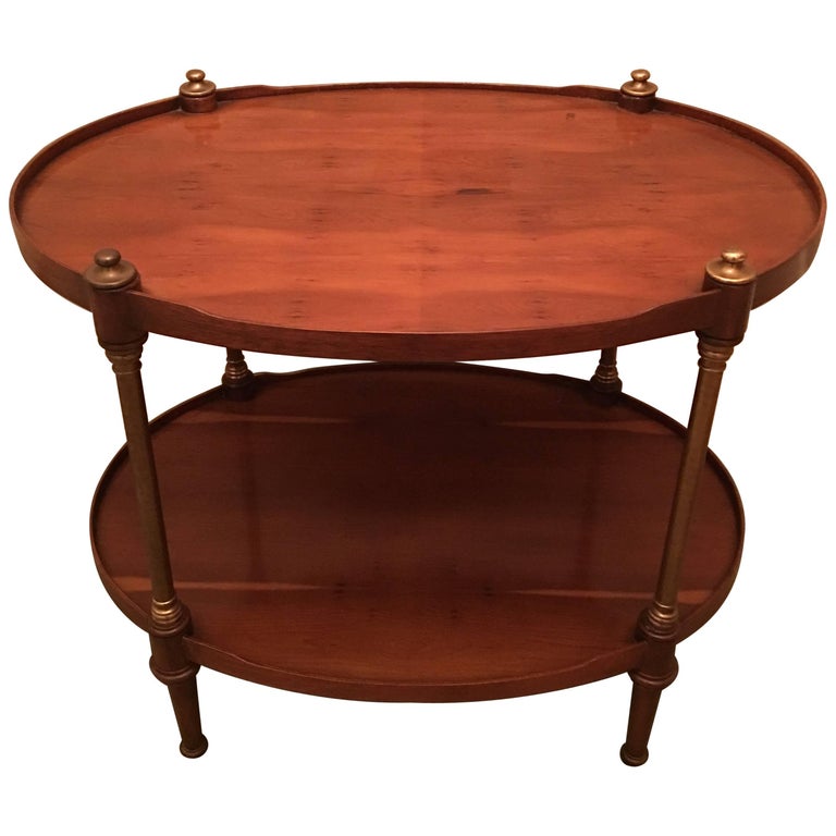 Mahogany TwoTier Oval Side Table with Brass Columns, 20th Century For