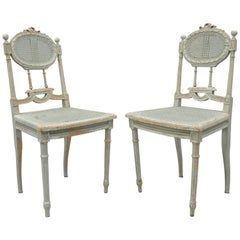Pair of French Louis XVI Style Blue Distress Painted Parlor or Salon Side Chairs