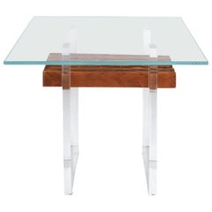Lucite, Wood and Glass Side Table