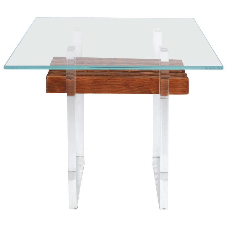 Lucite, Wood and Glass Side Table For Sale at 1stDibs