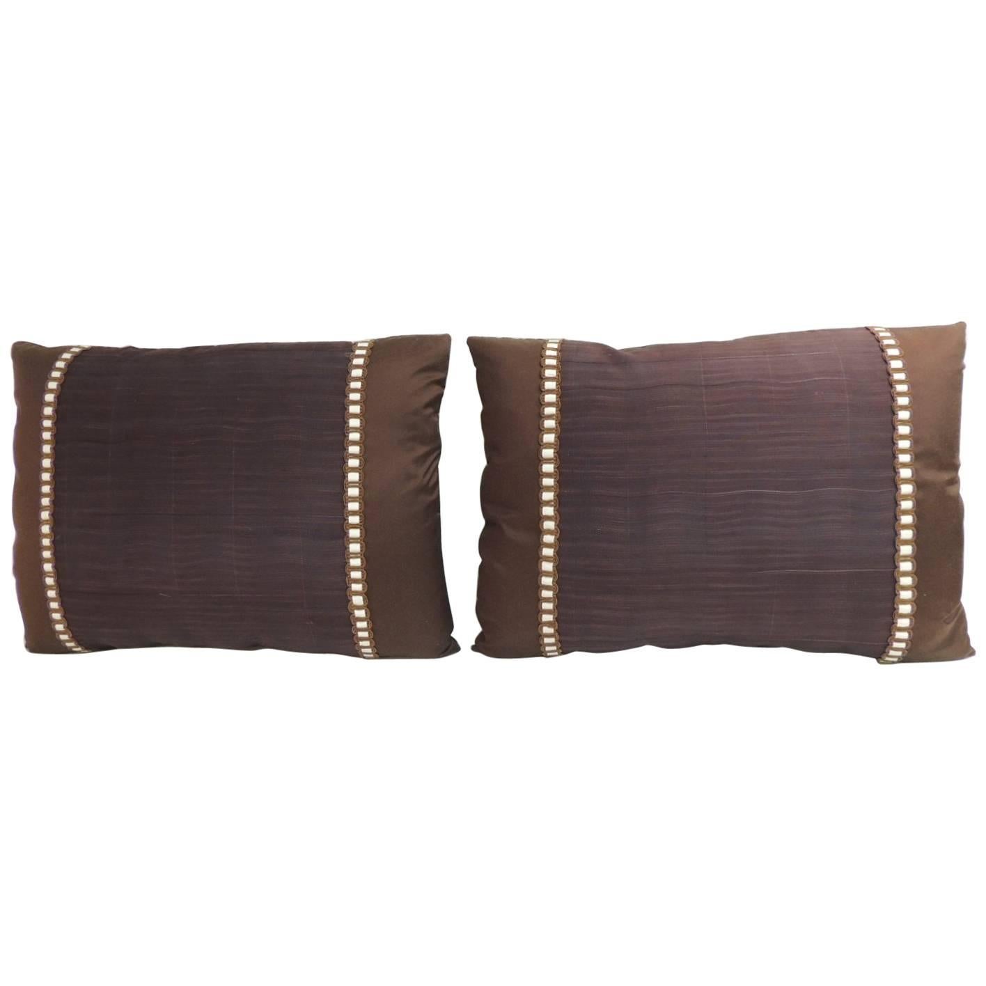 Pair of Vintage Brown and Purple Obi Woven Textile Bolster Decorative Pillows