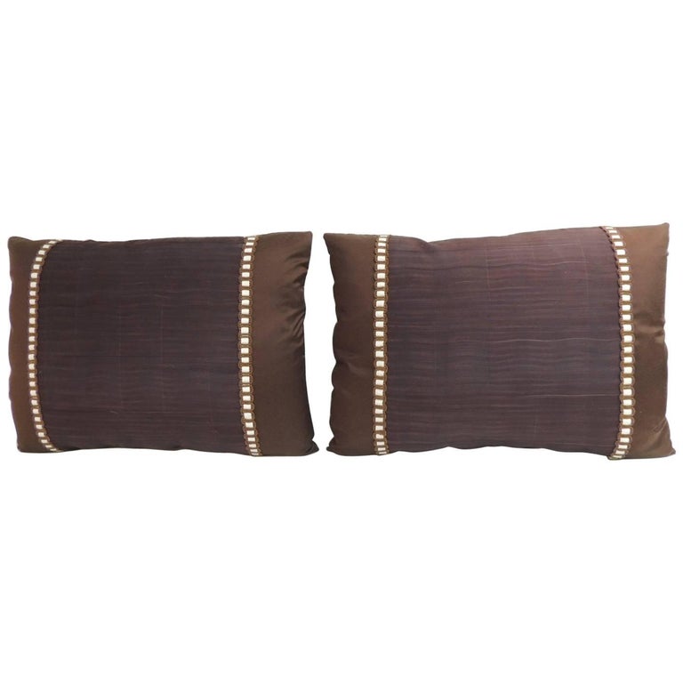 Pair of Vintage Brown and Purple Obi Woven Textile Bolster Decorative