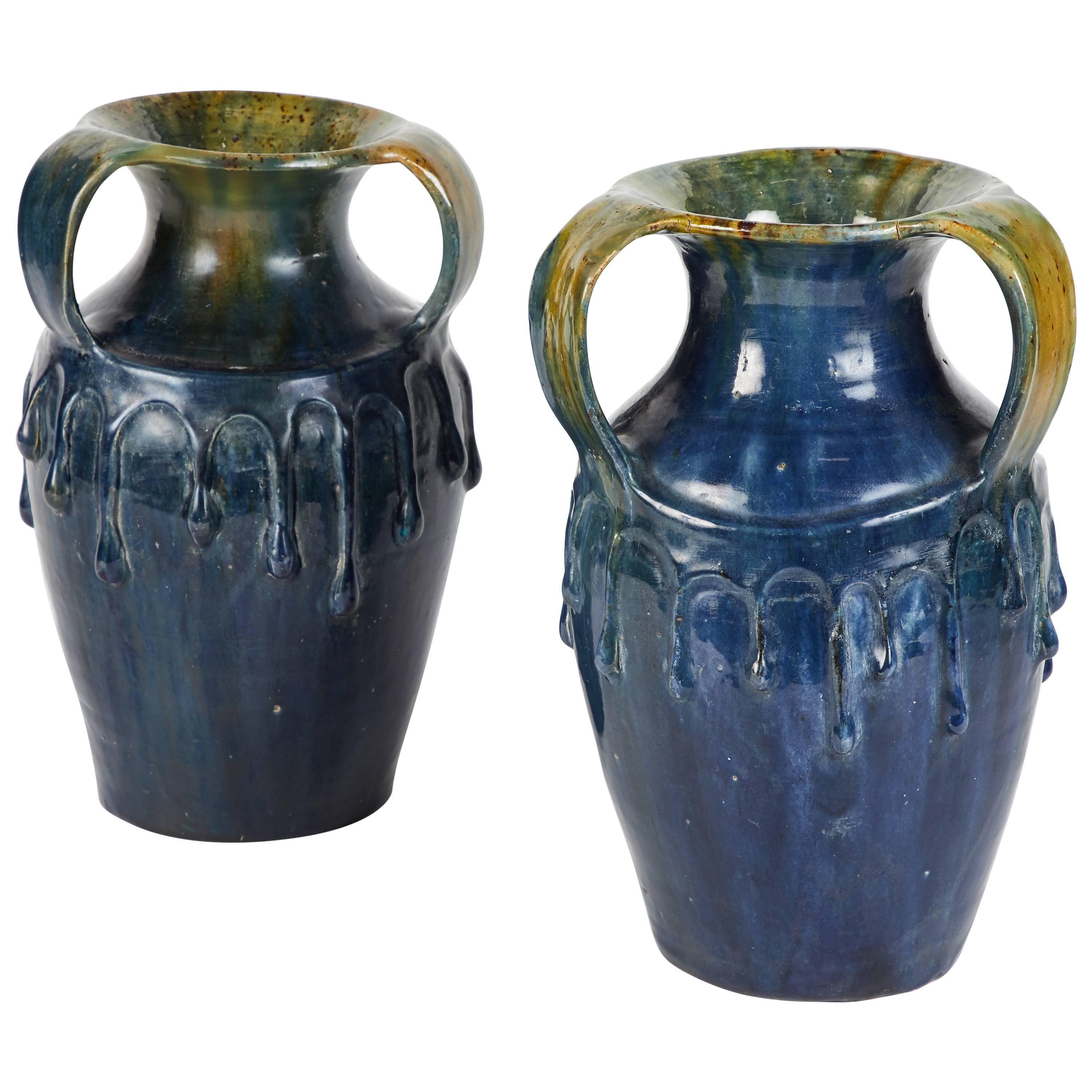 Pair of Blue Art Nouveau Vases from England Circa 1910