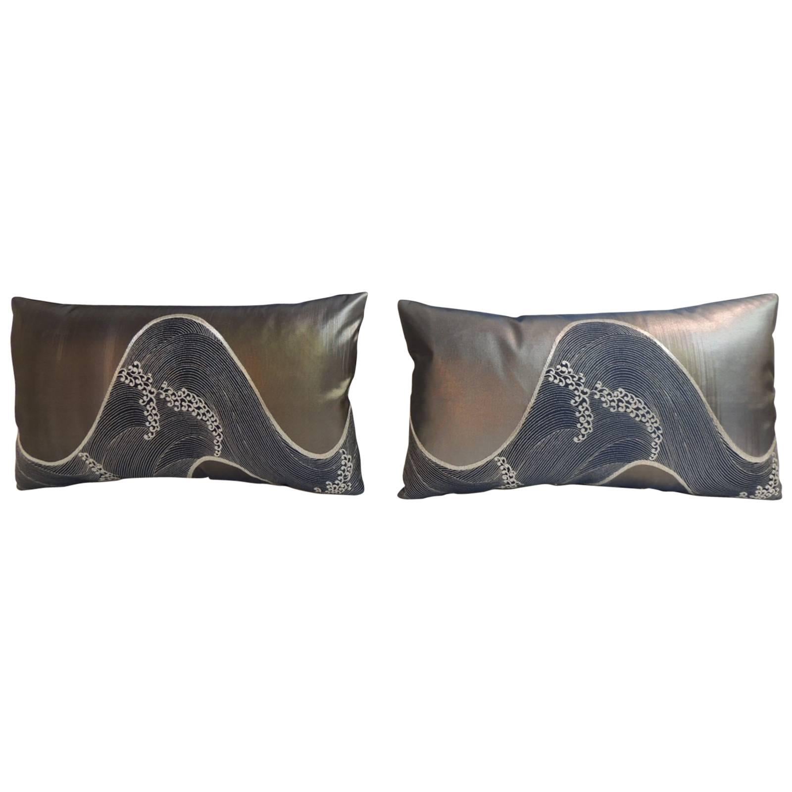 Pair of Silver and Blue Obi Lumbar Decorative Pillows