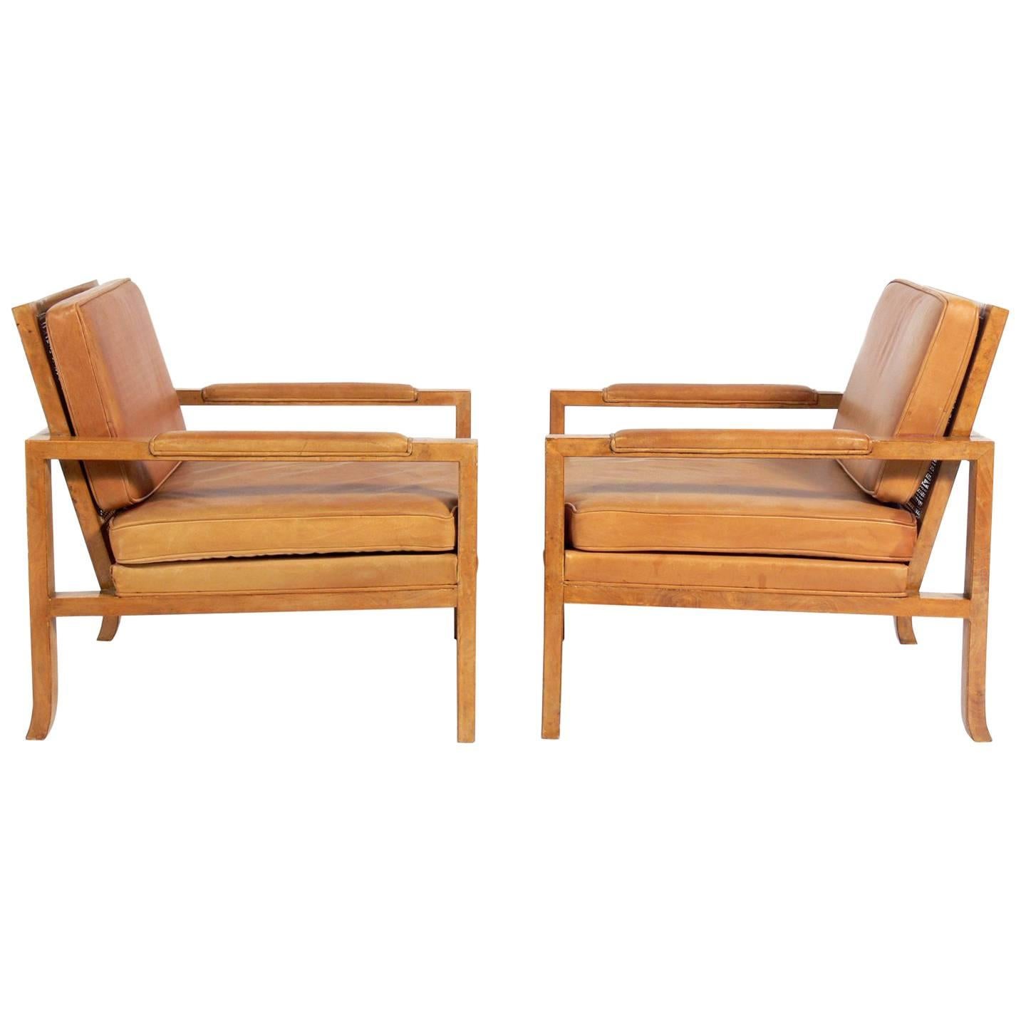 Pair of Caned Back Burl Wood Lounge Chairs in Original Saddle Leather