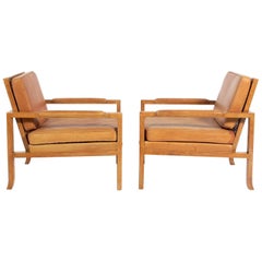 Pair of Caned Back Burl Wood Lounge Chairs in Original Saddle Leather