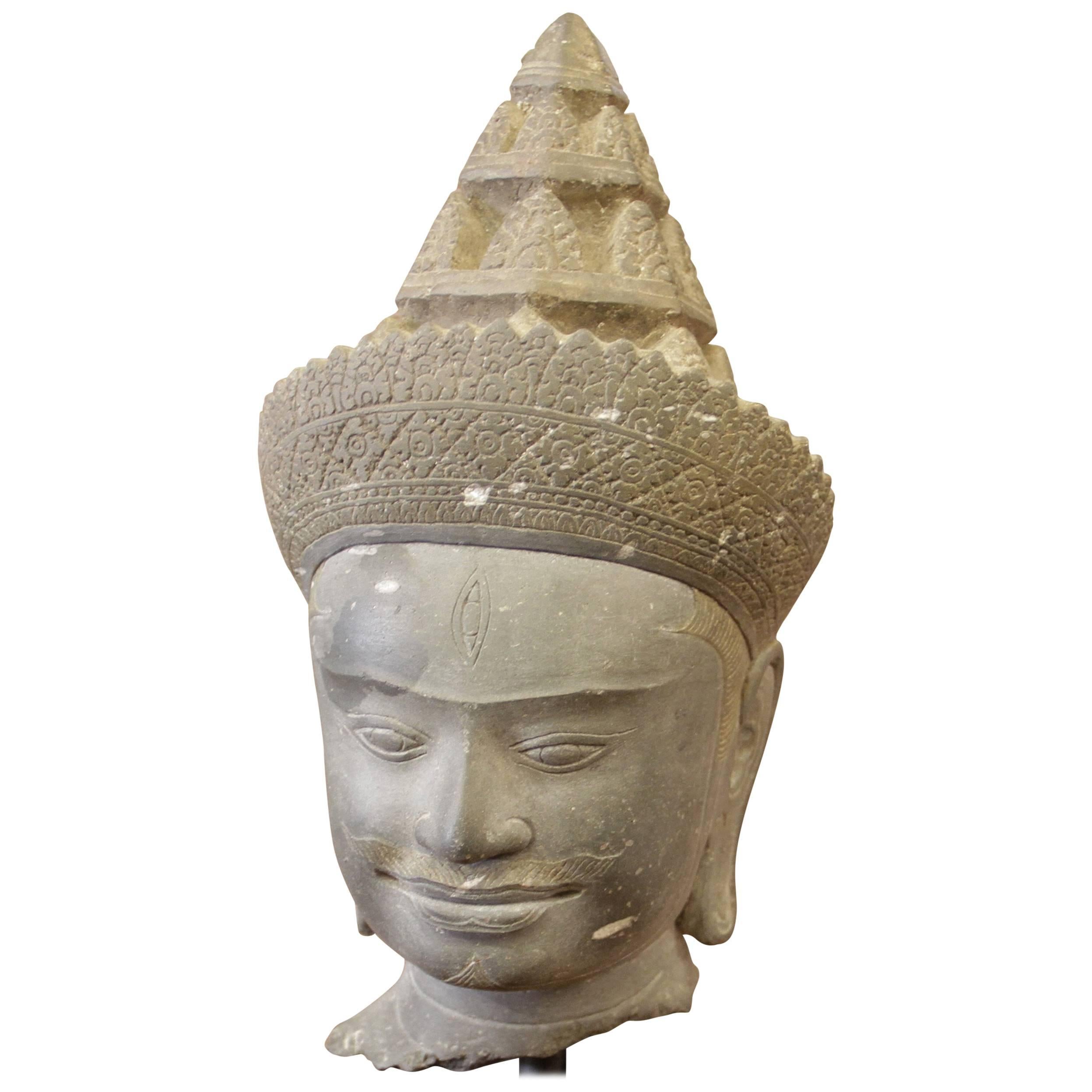 Khmer Empire Head of Divinity Sandstone Sculpture Cambodia For Sale