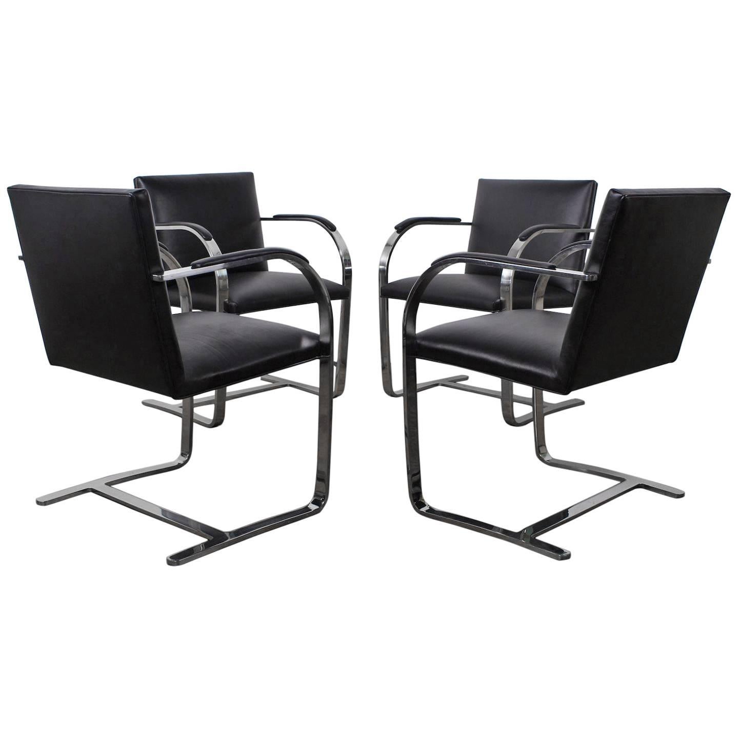 Set of Four Black Leather Brno Chairs for Knoll