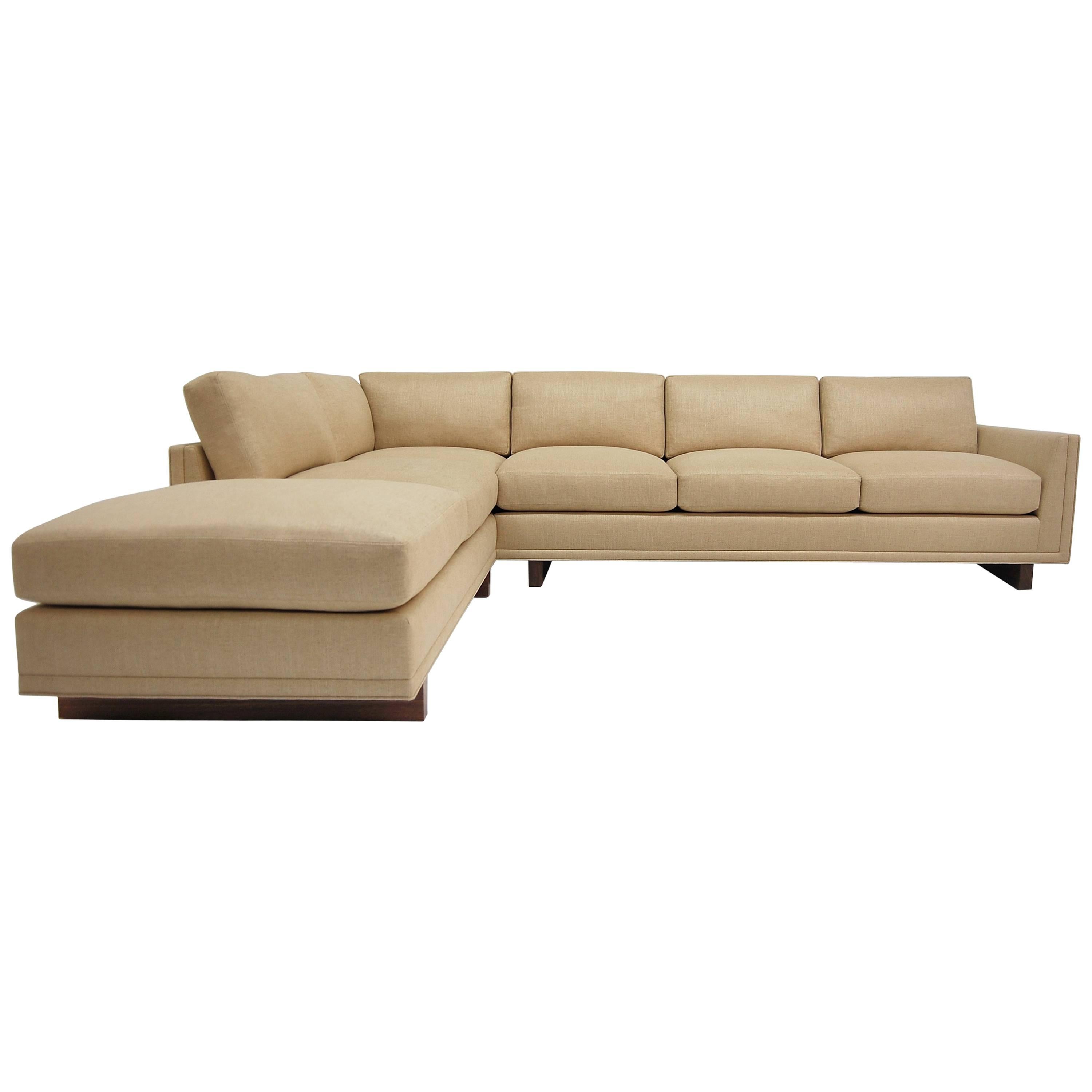 Dawson Sectional Walnut base Frame Trim detail loose seat & back cushions piping For Sale