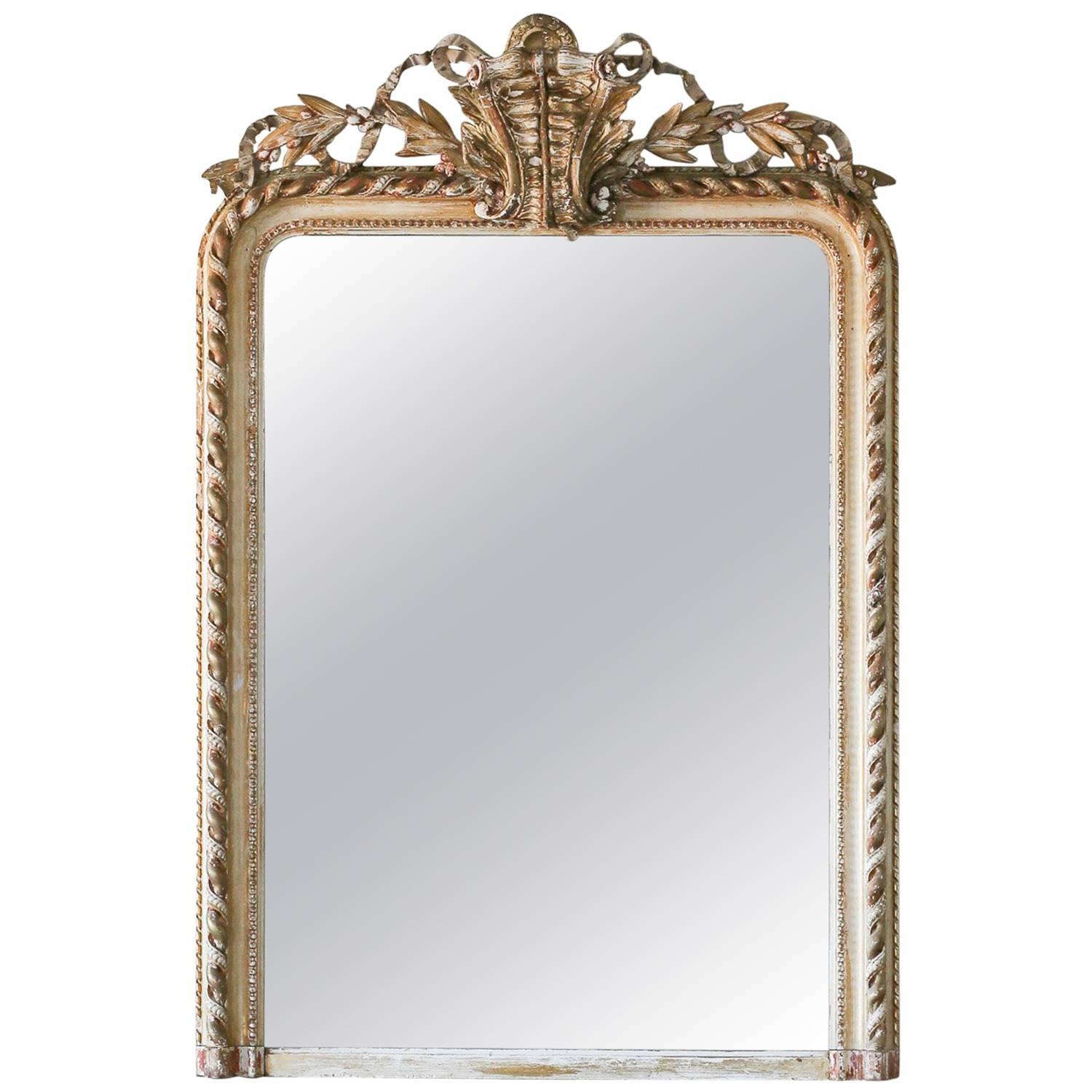 Antique Mirror in Light Gilt and Distressed White Finish For Sale