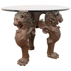 Victorian Style Glass Top Center Table with Sculpted Lion Base