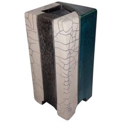 Studio Art Raku Pottery Teal Incised Waterfall Footed Vase