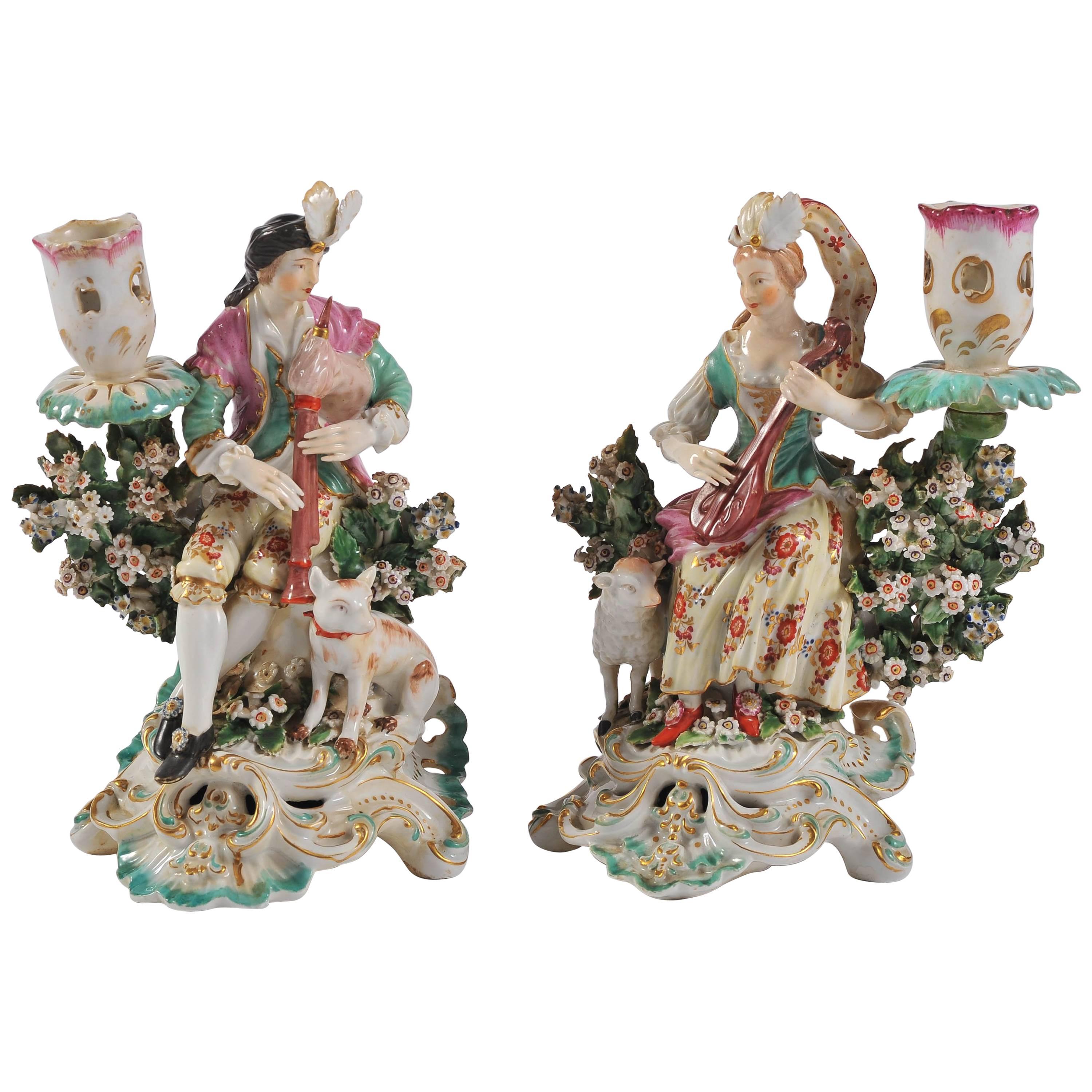 Pair of Meissen Figurines with Candleholders, Boy and Girl Bright Colors